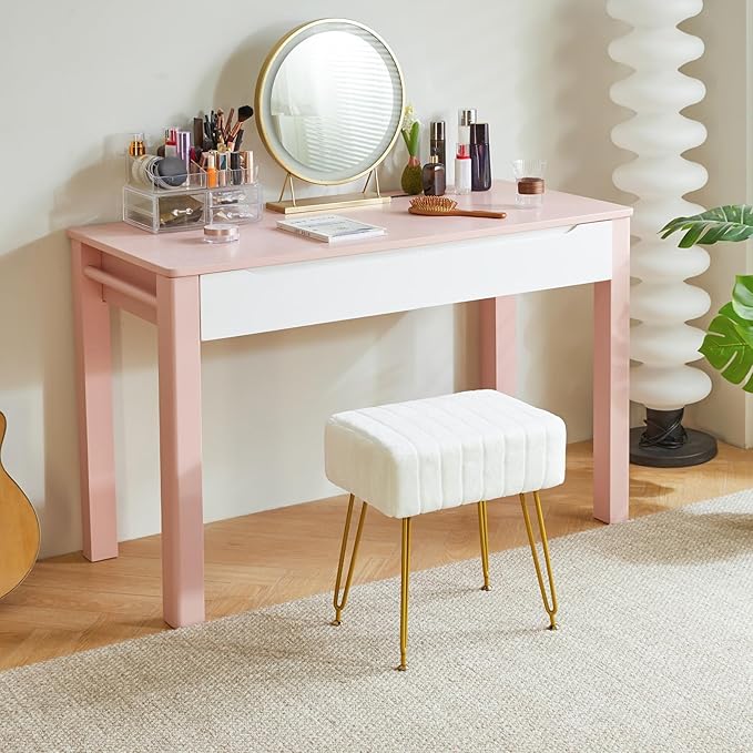 IBUYKE Velvet Rectangular Footrest Stool Ottoman, Makeup Vanity Stool Side Table, Velvet Dressing Table Seat, Pouf Couch Stool, Golden Steel Legs, White LG-51W