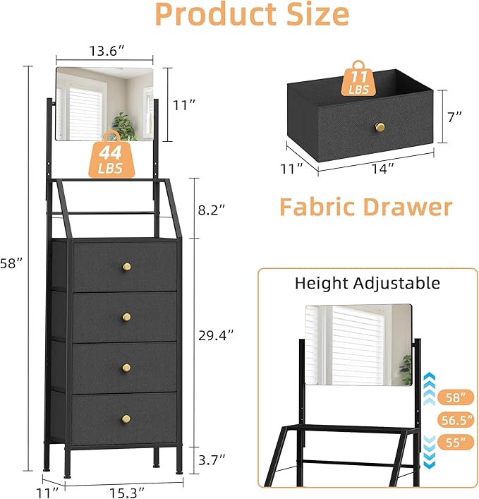HIGDBFE 4-Drawer Dresser with Mirror, Vanity with 2-Tier Shelves, Fabric Chest of Drawers for Small Space, Vertical Storage Cabinet for Bedroom, Nightstand Bedside Table Furniture, Black, 15.3" W