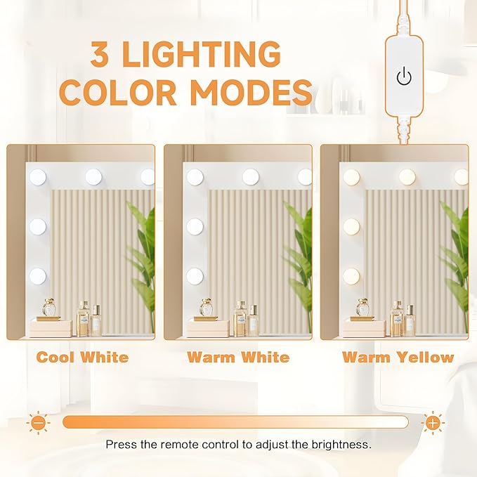 YESHOMY Vanity Desk with Mirror, 10 Lights, Power Outlet and 3 Storage Shelves, Makeup Table with 4 Drawers, 3 Color Modes, for Bedroom, White