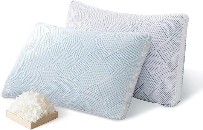 Lyralith Shredded Memory Foam Cooling Soft Bamboo Viscose Pillows King Set of 2, Adjustable Hypoallergenic Hotel Quality Bed Pillows for Side, Stomach or Back Sleeper, Oeko-TEX Certified