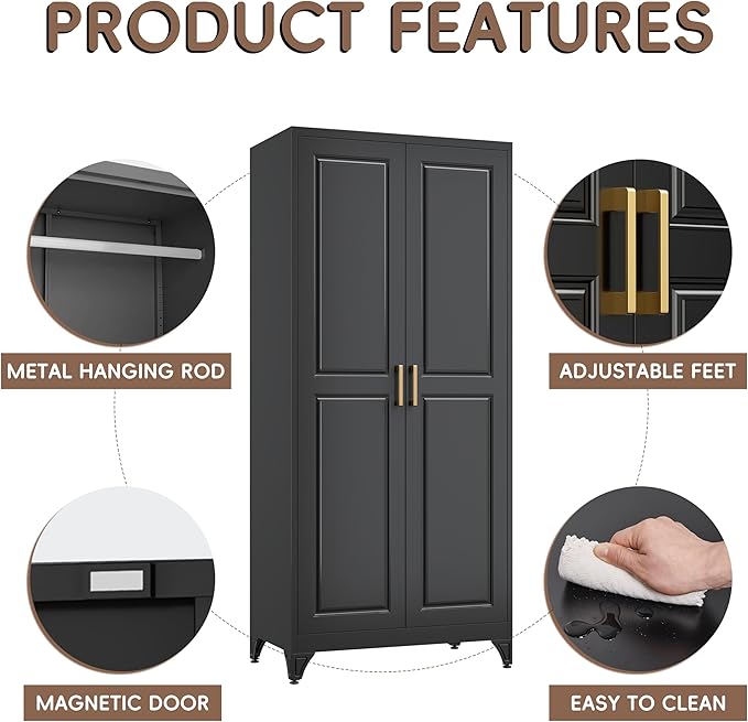 SteeLoong Metal Wardrobe Closet,71" H Wardrobe Cabinet with 2 Doors,Black Clothing Storage Cabinets with Hanging Rod and 3 Adjustable Shelves,Armoire Wardrobe Closet for Home Office,School,Gym