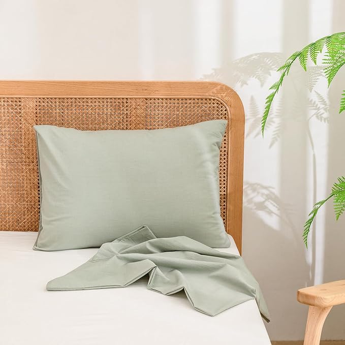 BESTOUCH 100% Washed Cotton Pillowcase for Hair and Skin Linen Feel Soft Comfortable Breathable 2 Set Pillow Case with Envelope Closure Solid Sage Green King 20x36 Inches