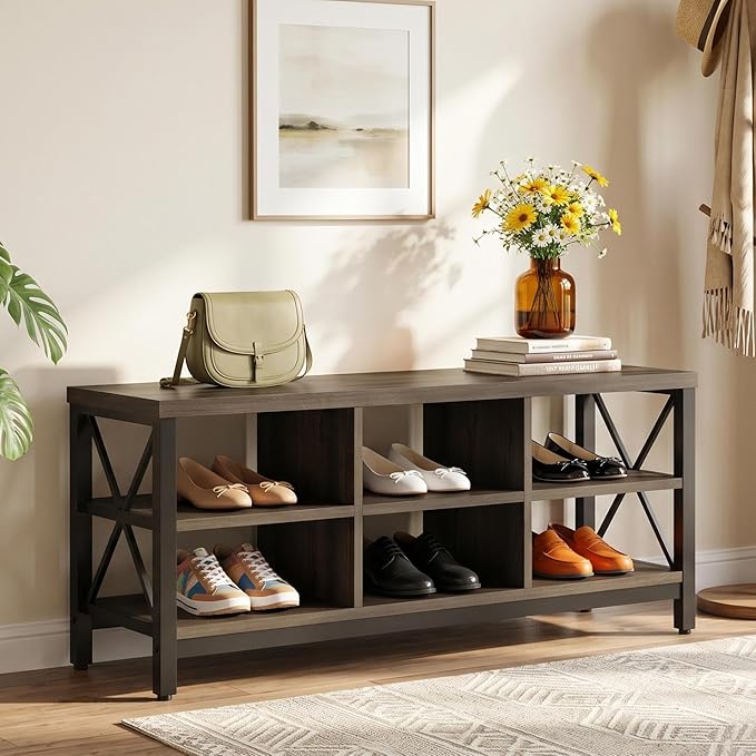 FATORRI Shoe Bench Entryway with Storage, Industrial Wood and Metal Hallway Benches with Adjustable Shelves, Rustic Entry Way Bench for Living Room (47.24 Inch Long, Walnut Brown)