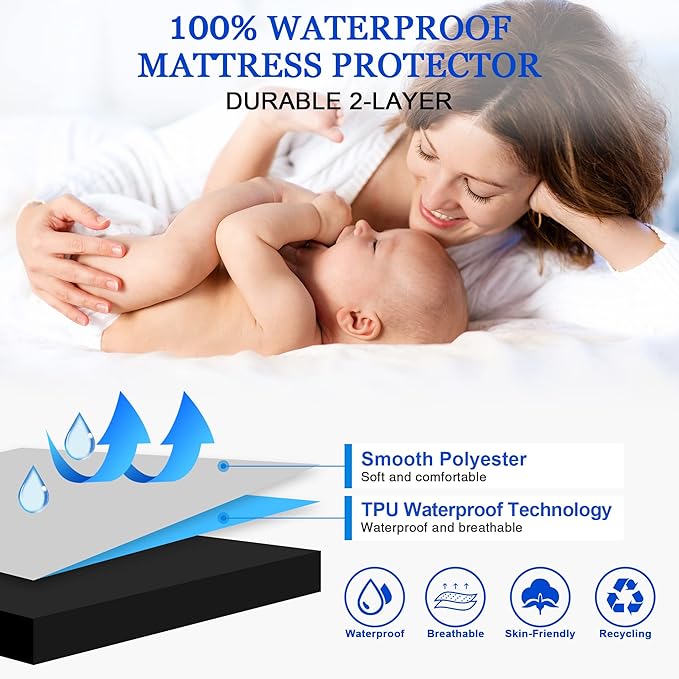 Sufdari Full Size Mattress Protector,Waterproof Mattress Protector,Fitted Sheet Style Mattress Cover with 18" Deep Pocket,Washable and Comfortable-Black,Full