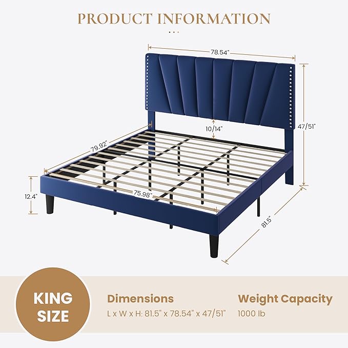 SHA CERLIN King Size Bed Frame with Adjustable Upholstered Velvet Rivets Headboard, Sturdy Wooden Slats, Strong Platform Support for Mattress, No Box Spring Needed, Easy Assembly, Blue