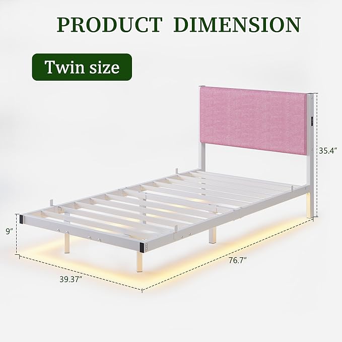 Twin Size Floating Bed Frame with LED Lights & USB Charging Station,Pink Twin Bed Frame with Headboard,Heavy Duty Metal Platform Bed for Girls,Strong Slats Support,No Box Spring Needed,Easy Assembly