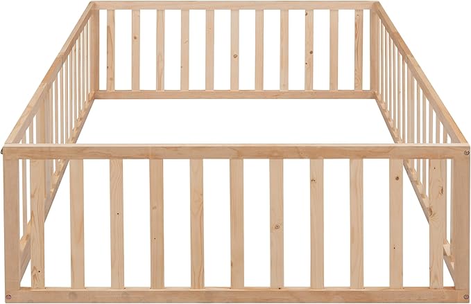 Bellemave Full Size Montessori Floor Bed with 21.7" High Rails, Pine,Plywood Floor Bed with Small Door, Natural