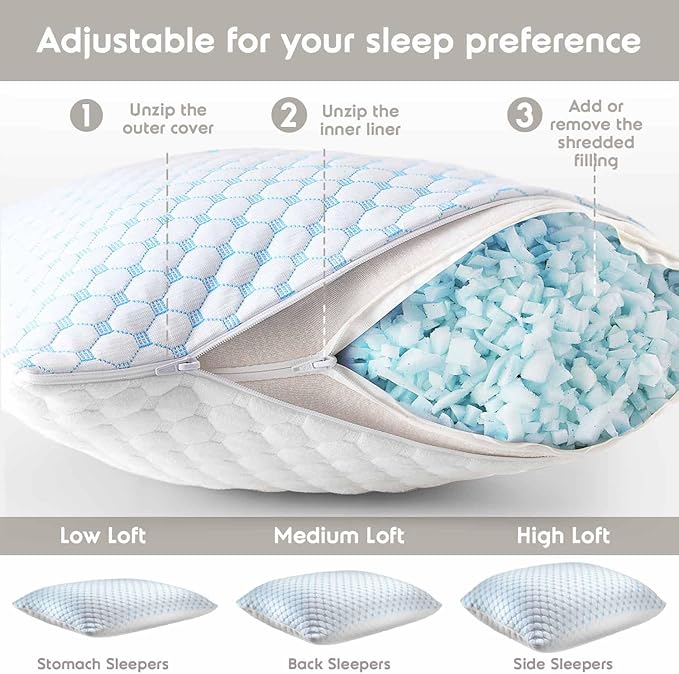 Nestl King Size Cooling Pillow for Sleeping 2 Pack, Luxury Shredded Memory Foam King Pillow Set of 2, Adjustable Cold Gel Pillows for Hot Sleepers Supportive Cool Pillow for Side Back Stomach Sleepers