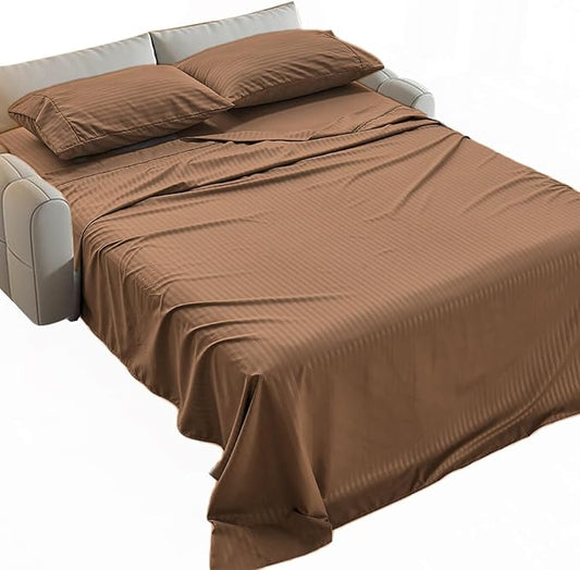 Kingnex Striped Sofa Bed Sheets Queen for Sleeper Sofa Bed Soft Double Brushed 4 Piece Bedding Pillowcase Set (60"x74"x6") Coffee