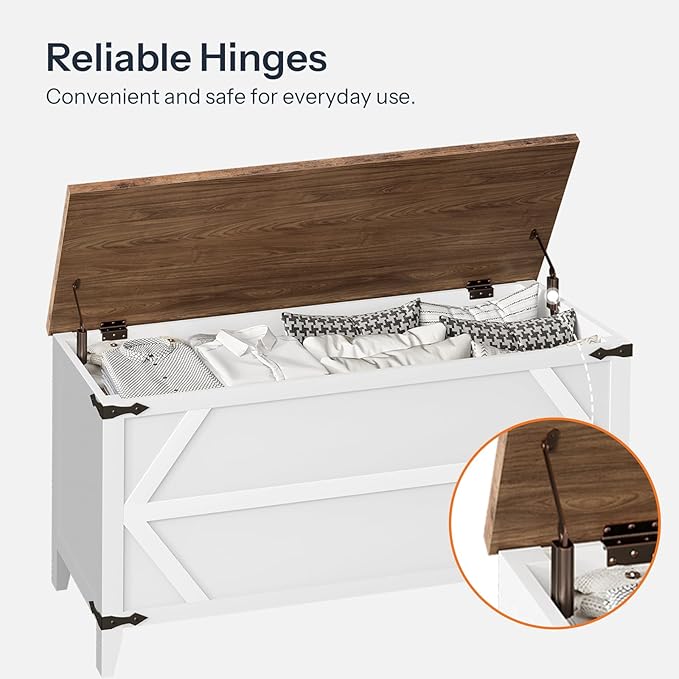 HOOBRO 47.2" Toy Box, Storage Bench with Safety Hinges, Toy Chest Storage, Wooden Storage Chest for Bedroom, Living Room, White and Walnut WH16CW01