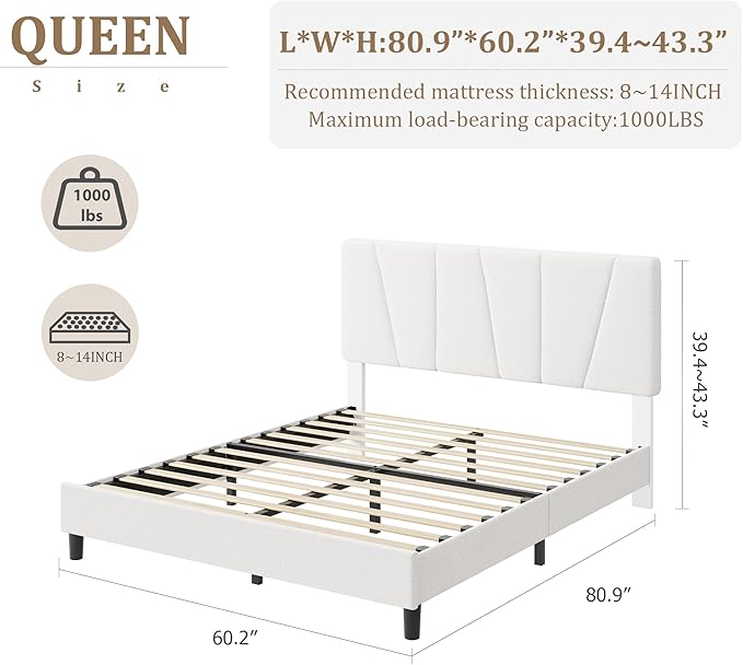 IDEALHOUSE Queen Size Upholstered Bed Frame with Headboard, Heavy Duty Platform Bed Frame, Adjustable Headboard, Noise-Free, No Box Spring Needed, Easy Assembly