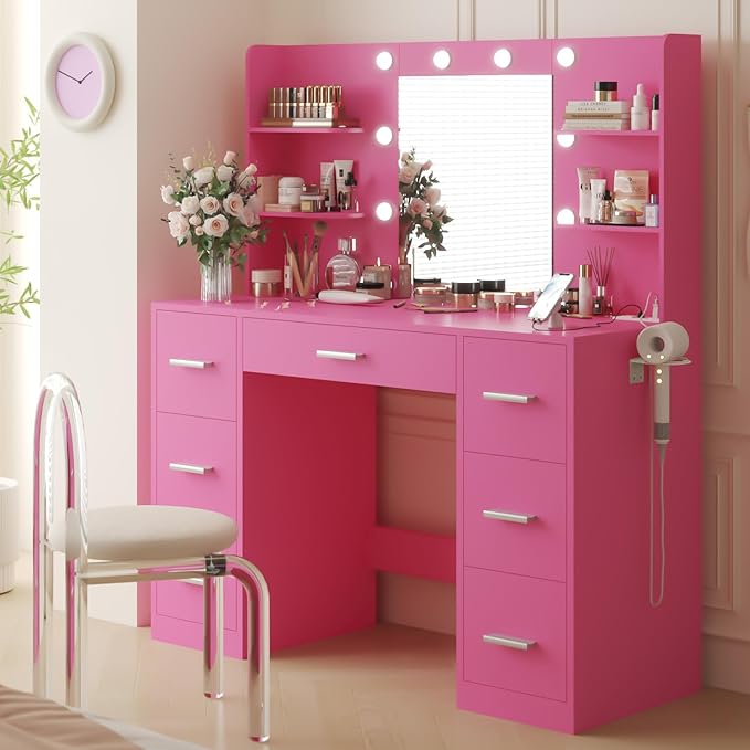 YESHOMY Vanity Desk with Mirror, Power Outlet and 10 Lights, Makeup Table with 7 Drawers, 3 Color Modes Available for Bedroom, Dark Pink