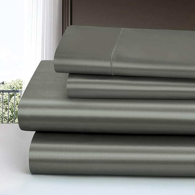 Homiest 4pcs Satin Sheets Set Luxury Silky Satin Bedding Set with Deep Pocket, 1 Fitted Sheet + 1 Flat Sheet + 2 Pillowcases (King Size, Dark Grey)