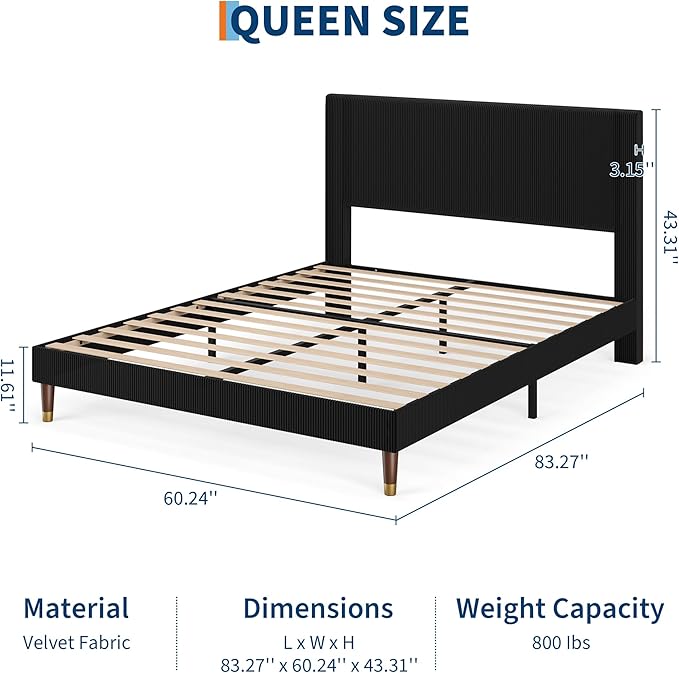 GarveeHome Queen Size Bed Frame with Upholstered Headboard and Strong Wooden Slats Support, Soft Corduroy Fabric Platform Bed, No Boxing Spring Needed, Easy Assembly, Black
