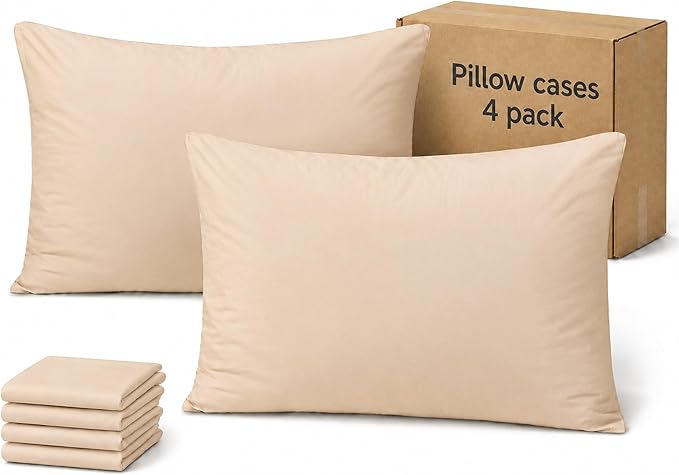 ZPECC Pillow Cases King Size Set of 4, 20x36 Envelope Closure Pillowcases, Soft Plain Brushed Microfiber Covers Hypoallergenic Breathable, Beige