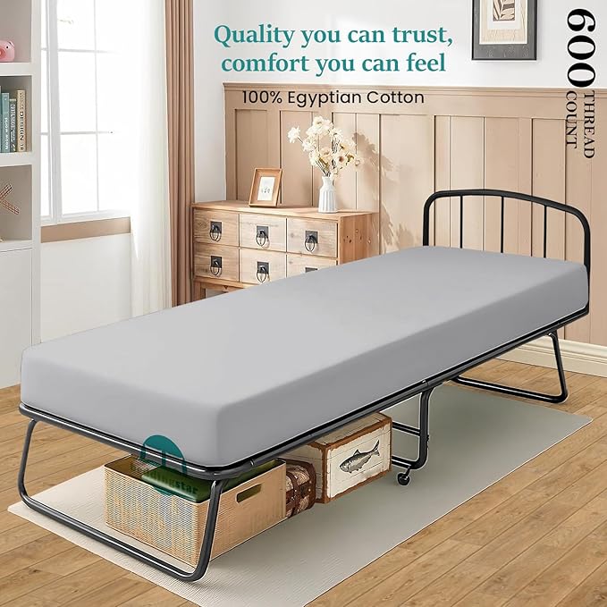 Twin XL Fitted Sheet 39 x 80 Inches 8" Deep Pocket 100% Egyptian Cotton 600 Thread Count Snug Fit for Trifold Mattress, Narrow Twin, Camp Bunk, Guest Bed, Army Cot Soft & Breathable – Silver Grey