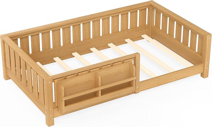 Bellemave Twin Size Kids Montessori Bed with Bookshelf,Solid Wood Twin Floor Bed Frame with Fence and Slats for Girls Boys,Low-Profile,Light Natural