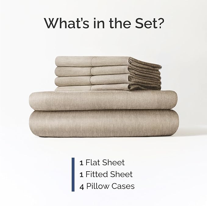 Queen 6 Piece Sheet Set - Comfy, Breathable & Cooling - Soft Hotel Luxury Bedding for Women, Men, Kids, Teens and Children - 1 Flat & 1 Fitted Sheet & 4 Pillowcases with Deep Pockets - Heathered Beige