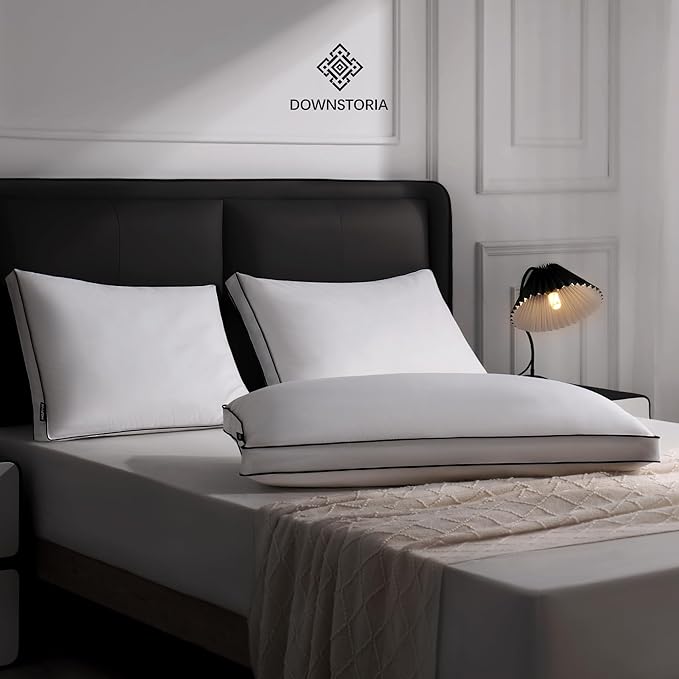 DOWNSTORIA Feather Down Pillows Queen Size Set of 2 with Gusset, Luxury Hotel Collection Bed Pillow 2 Pack, Down Surrounded Gusseted Pillows for Sleeping, Soft Fluffy for Side, Back Sleepers 20x30 in.