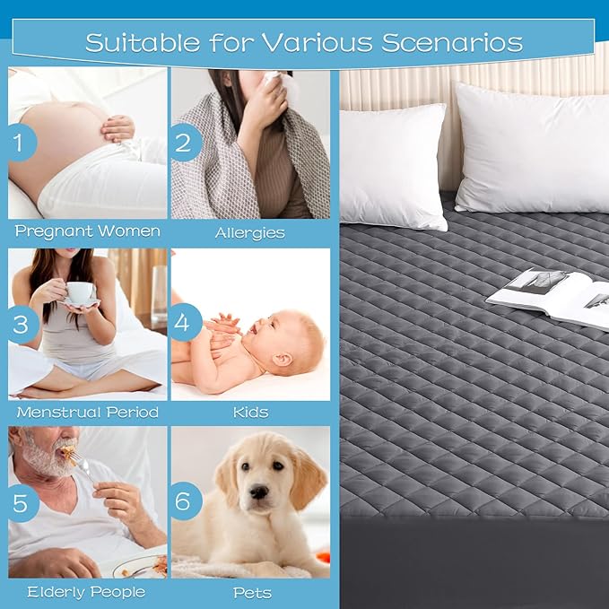 GRT Twin XL Size Grey Quilted Fitted Mattress Pad, 100% Waterproof Breathable Mattress Protector, Noiseless Hollow Cotton Mattress Topper, Fitted 8"-19" Deep, Dust Proof