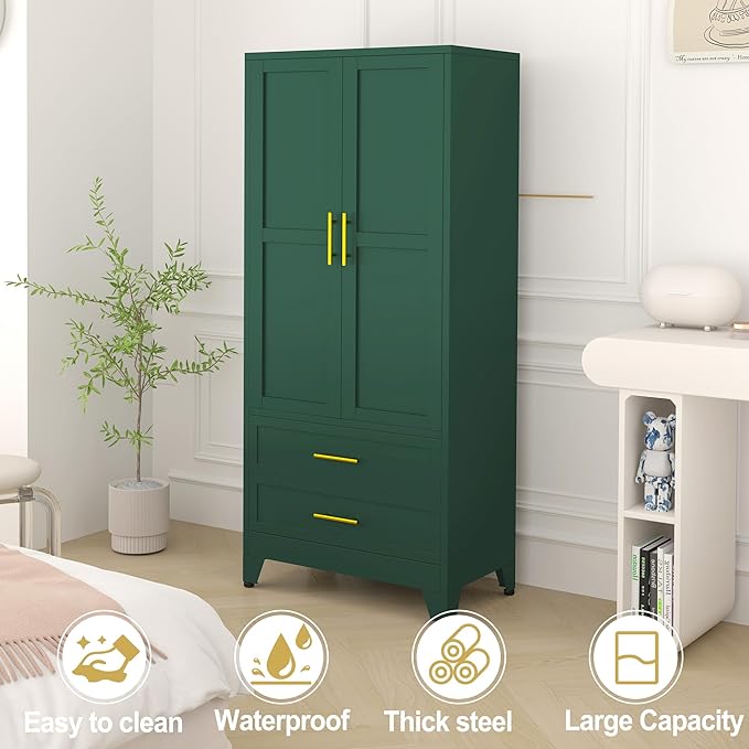 RIETERN Metal Armoire Wardrobe Closet, 71" Tall Bedroom Closet with 2 Drawers, Adjustable Shelves, and Hanging Rod, Steel Clothes Closets and Storage, for Bedroom Green