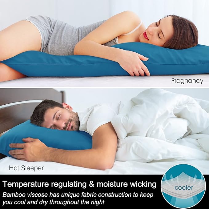 BEDELITE Body Pillow Case Cover, Rayon Made from Bamboo, Cooling Body Pillow Cover for Hot Sleepers and Night Sweats, Breathable & Silky Soft Full Long Pillow Case (Teal, 20x54 Inches)