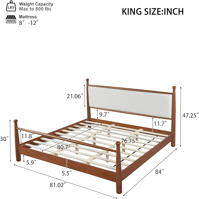 Merax Modern King Size Solid Wood Platform Bed with Upholstered Headboard, Mid-Century Low Bed Frame with Sturdy Wood Legs/No Box Spring Needed/Easy Assembly, Beige+Walnut