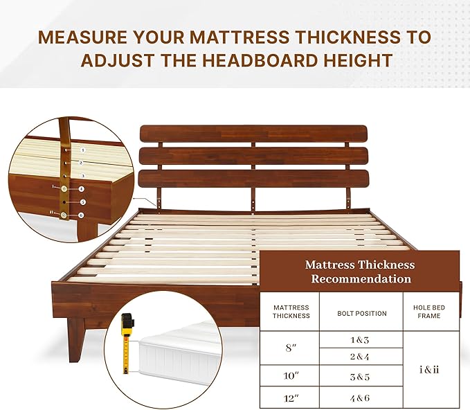 Bme Caden 15 Inch Deluxe Bed Frame with Adjustable Headboard - Mid Century, Retro Style with Acacia Wood - No Box Spring Needed - 12 Strong Wood Slat Support - Easy Assembly - Dark Chocolate, King