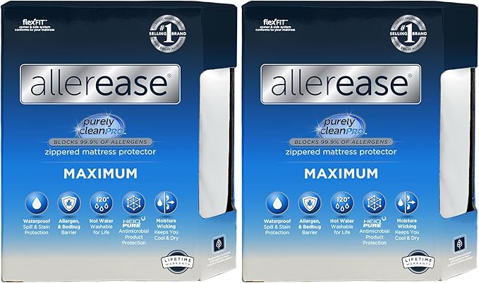 AllerEase Waterproof Mattress Protector, Maximum Allergy Mattress Protector, Queen Mattress Cover (Pack of 2)