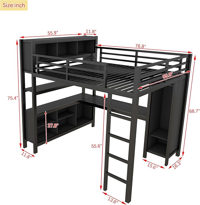 Full Size Loft Bed with L Shaped Desk, Wardrobe and Storage Shelves, Metal Heavy Duty Loft Bed Frames with Ladder and Guardrails for Kids, Teens, Juniors, Space Saving (Black, Full)