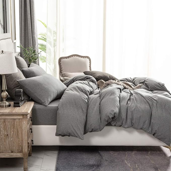 PURE ERA Jersey Knit Duvet Cover Set 100% T-Shirt Cotton Super Soft Comfy 3pc Bedding Set with Zipper Closure (Heather Dark Grey,Full)