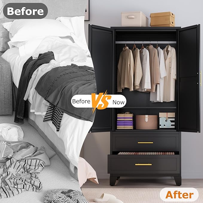 Metal Wardrobe Storage Cabinet with Mirror and Hanging Rod,71'' Metal Clothing Cabinet with 2 Doors and 2 Adjustable Shelves for Bedroom, Laundry Room, Cloak Room (Black)