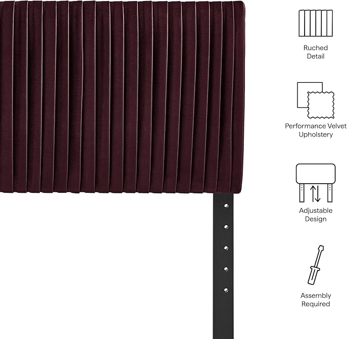 Modway Eloise Twin Velvet Headboard with Ruched Details in Mulberry - Modern Bed Headboard Only with Stain-Resistant Performance Upholstery, Height-Adjustable Mount