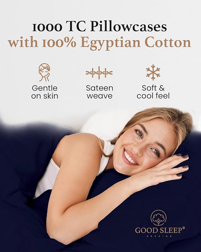 1000 TC Navy Blue Standard Pillowcases Set of 2 100% Egyptian Cotton Pillow Cases with Long Staple Cotton & Sateen Weave, Silky Soft Hotel - Like Bed Pillow Covers for Comfy Sleeping, Snug Fit