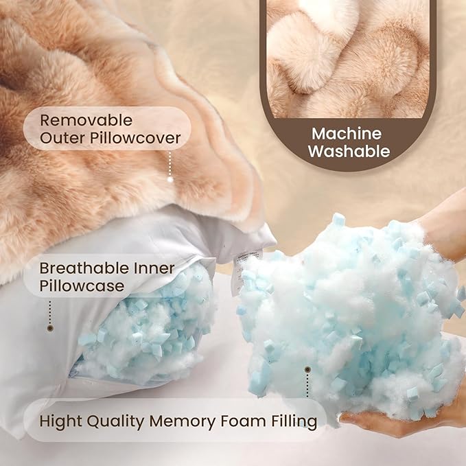ZonLi Fluffy Body Pillow for Adults, Fuzzy Faux Fur Body Pillow with Shredded Memory Foam, Adjustable Support for Side Sleepers, Pregnancy & Decor, Gifts, 20 x 54 Inch, Light Tan