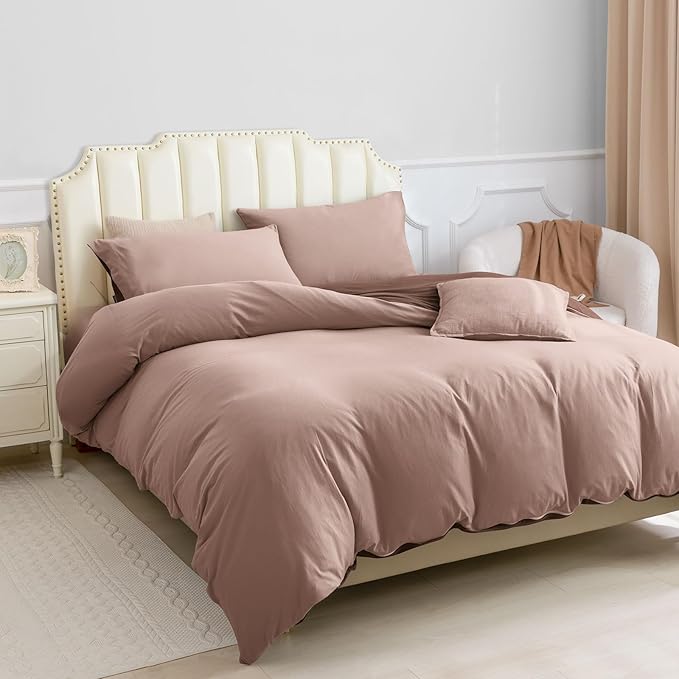 PURE ERA Jersey Knit Duvet Cover Set 100% T-Shirt Cotton Super Soft Comfy 3pc Bedding Set with Zipper Closure (Petal Pink/Dark Brown, Queen, 90"X90")