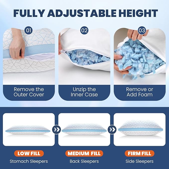 A-Pce Adjustable Pillow, Queen Size Set of 2 Bed Pillows for Sleeping, Luxury Shredded Memory Foam Pillows, Cooling Pillow for Side, Back, Stomach Sleepers, Firm Pillow for Hot Sleepers Neck Support