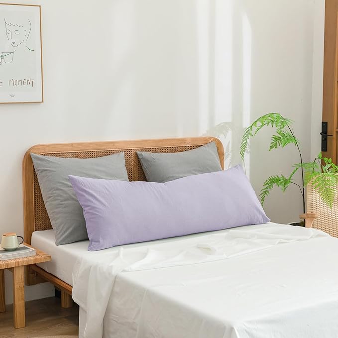 BESTOUCH 100% Washed Cotton Pillowcase for Hair and Skin Linen Feel Soft Comfortable Breathable 1 Pcs Pillow Case with Envelope Closure Solid Taro Purple Body 20x54 Inches