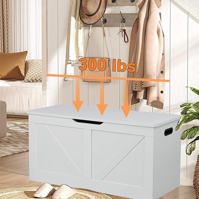 Timberer 39.4" Storage Chest, Wooden Storage Bench, Large Storage Trunk with 2 Safety Hinges, Entryway Shoes Bench for Living Room, Bedroom, White