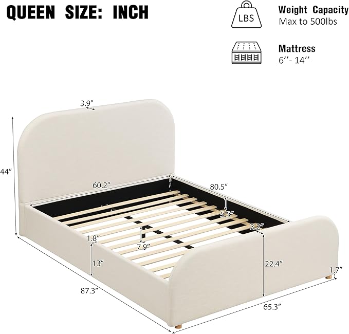 Christopher Knight Home Lanet Linen Upholstered Queen Size Bed Frame with Headboard, Modern Queen Bed Frame and Headboard, Wooden Slats Support, Easy Assembly, No Box Spring Needed, Beige