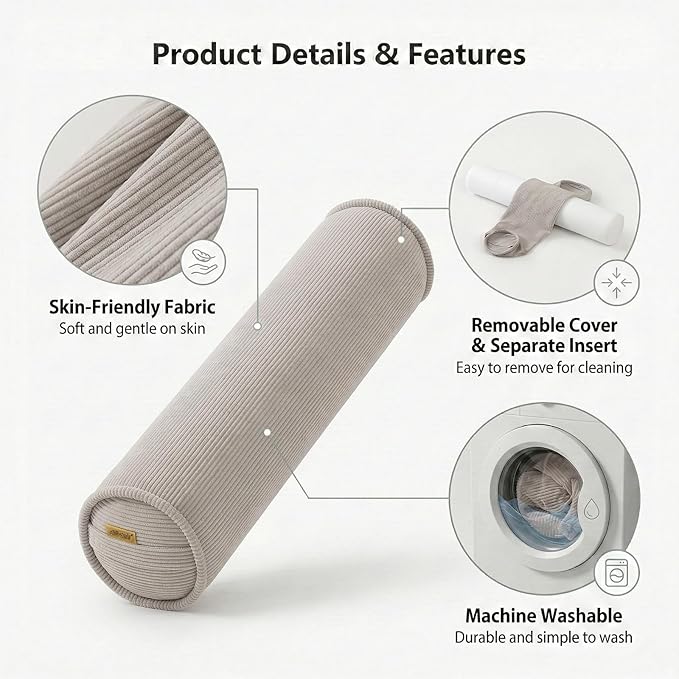 Long Bolster Pillow for Bed – Soft Corduroy Body Pillow for Adults, Ergonomic Full-Length Support for Better Sleep,47 x 7.87 Inches,Beige Gray