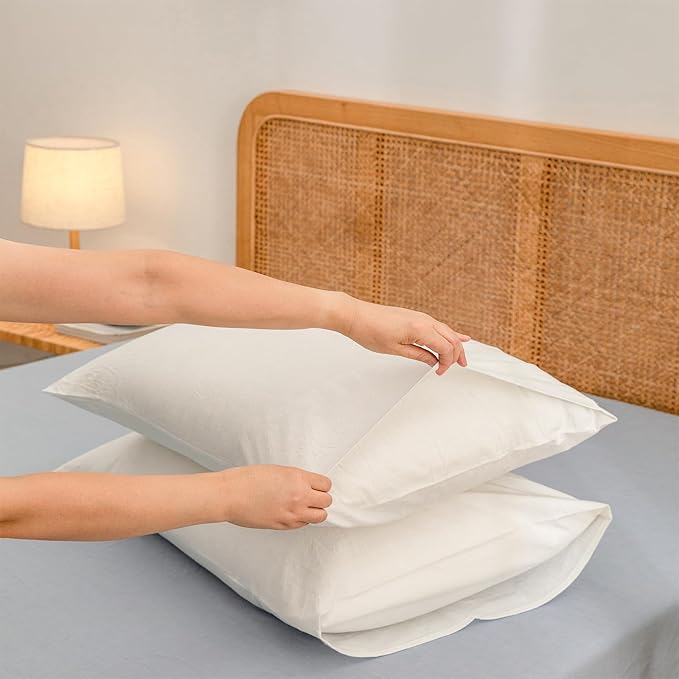 BESTOUCH 100% Washed Cotton Pillowcase for Hair and Skin Linen Feel Soft Comfortable Breathable 2 Set Pillow Case with Envelope Closure Solid Off White Standard 20x26 Inches