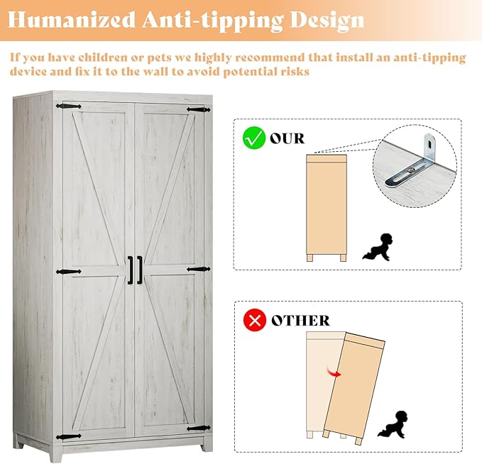 AMERLIFE Set of 2 Farmhouse Armoire Wardrobe Closet with 2 Barn Doors, 70'' Storage Cabinet with Shelf & Hanging Rod, Versatile Clothing Storage for Bedroom, White