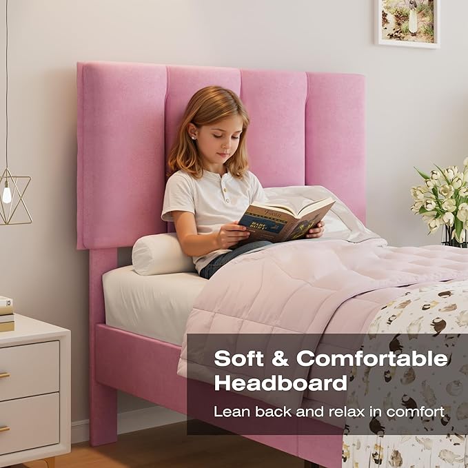 VECELO Twin Size Bed Frame with Upholstered Headboard, Heavy-Duty Bedframe with Wooden Slats & Steel Framework, Easy Assembly, Pink