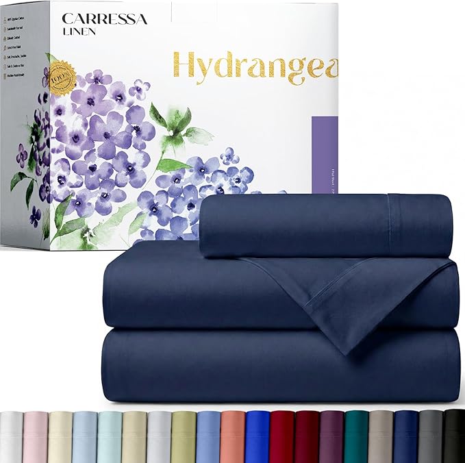 Carressa Linen 100% Egyptian Cotton Twin XL Sheets Set - 600 Series Hydrangeas Collection Luxury Egyptian Cotton Sheets Twin XL Size (3 PC, Navy Blue), 16" Deep Pocket, Sateen Weave Bedding
