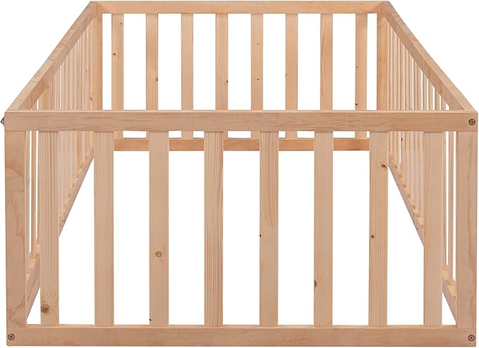 Bellemave Twin Size Montessori Floor Bed with 21.7" High Rails, Pine,Plywood Floor Bed with Small Door, Natural
