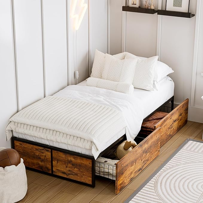 GAZHOME Twin XL Bed Frame with 2 XL Storage Drawers, Metal Platform Bed Frame with Footboard, 9 Strong Metal Slat Support/No Box Spring Needed/Easy Assembly/Space Saving Wood