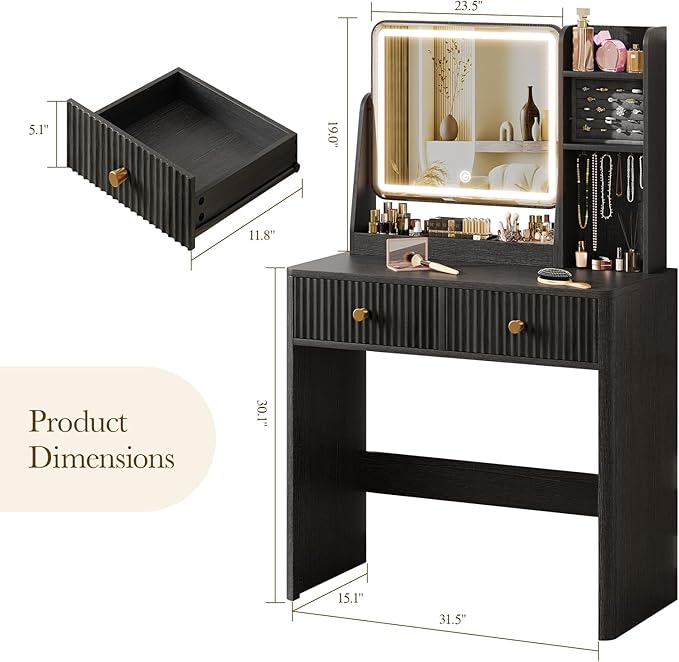 Memobarco Fluted Vanity Desk with Mirror and Lights, Small Makeup Vanity with 2 Drawers and Jewelry Storage Cabinet, 3 Lighting Modes Adjustable Brightness, Dressing Table for Bedroom - Black