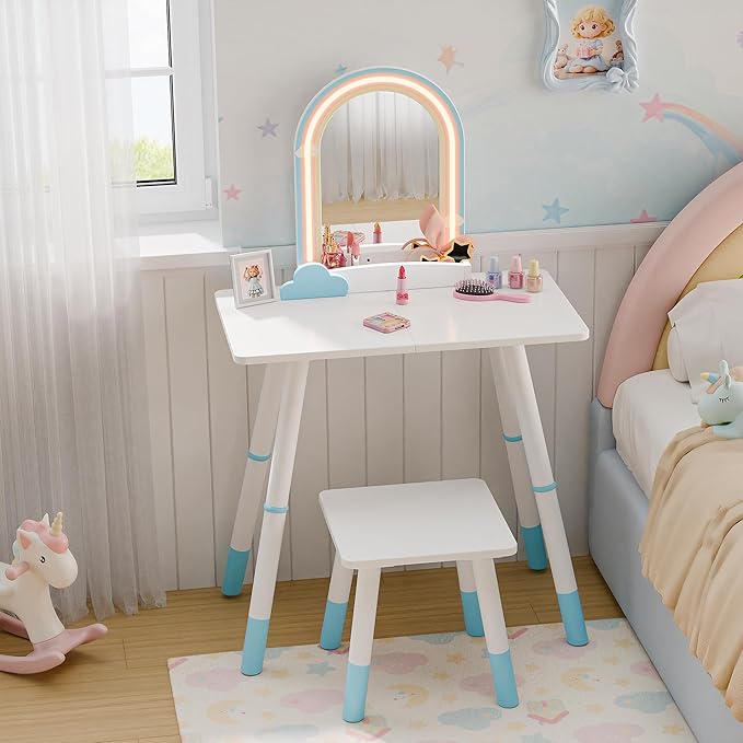 TOLEAD Blue Kids Vanity Table and Chair Set, Adjustable Height Kids Vanity with LED Lights, Princess Girls Vanity Set with Stool, Toddler Make Up Vanity Desk with Storage Space for Little Girls