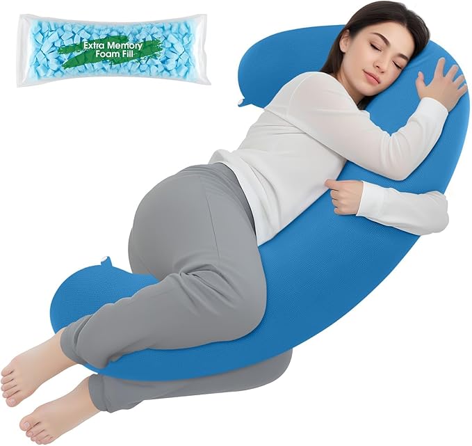 TranquilRelax C Shaped Body Pillow for Side Sleepers, Memory Foam Long Pillow for Leg, Hip & Back Support, Soft Washable Cover,Light Blue-47"*10"